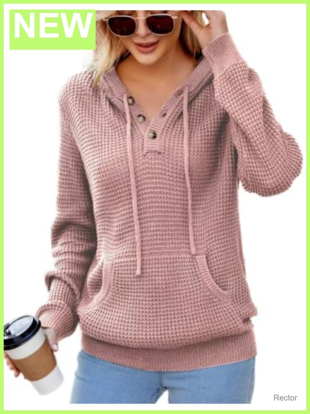 Waffle Knit Hooded Sweater V Neck Henley Pullover with Pocket